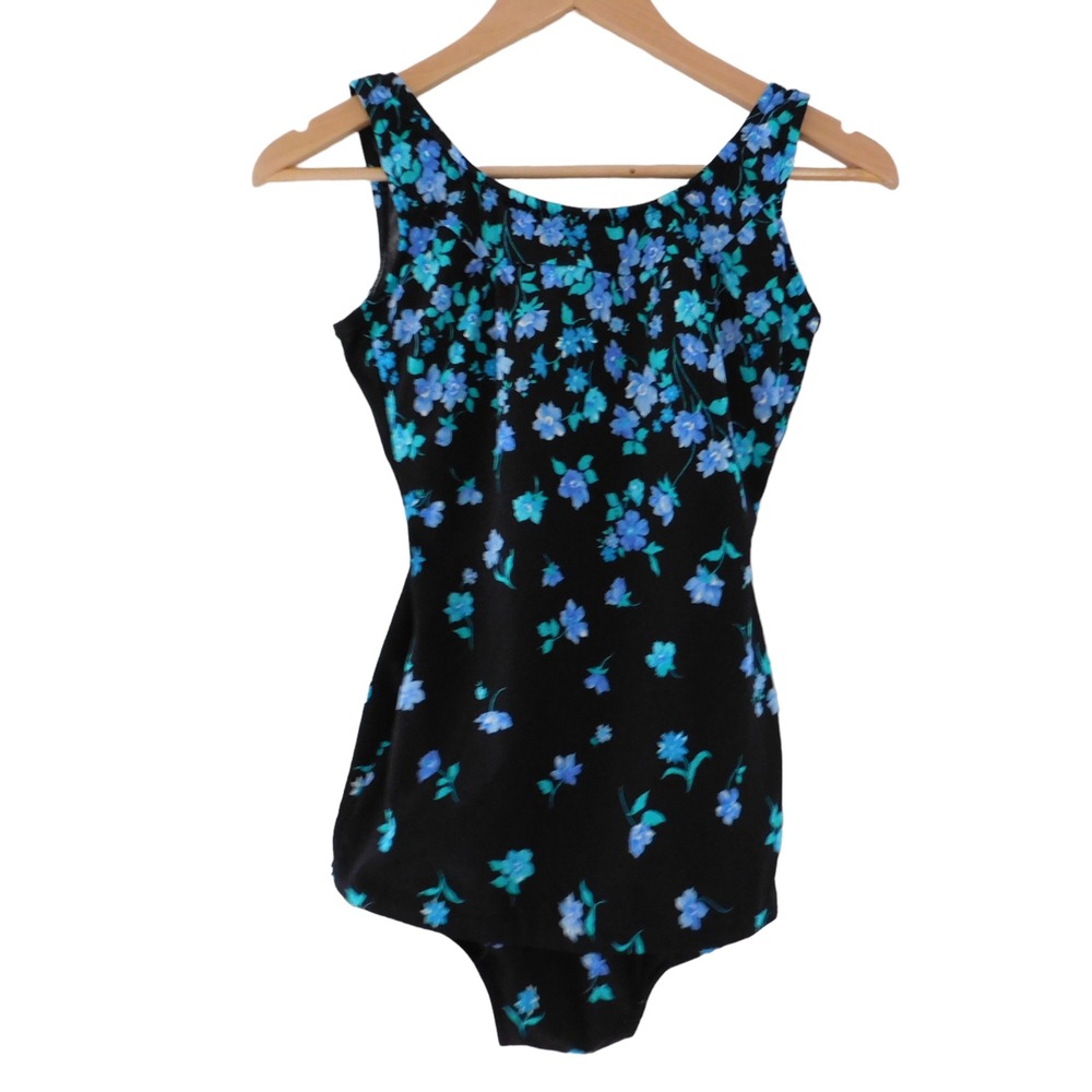 Vintage Ceeb Swimsuit‎ One Piece Skirt Tropical Floral Sz 10 Black Floral